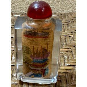 Vintage Chinese Snuff Bottle With Inside Reverse Painting & Red Stopper